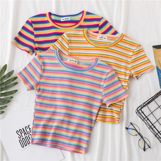 Cropped Short Sleeve Rainbow Stripe Shirt